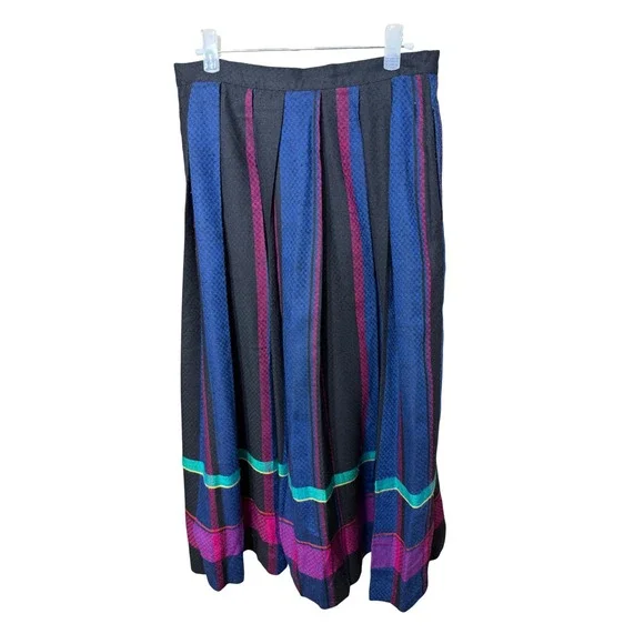 Rafaella Vintage Made in Italy Wool Blend Pleated Plaid Midi Skirt Black Blue 10 - Picture 4 of 4